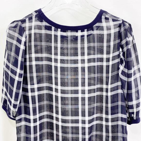 A NEW DAY Sheer Plaid Round Neck Short Sleeve Blouse - Picture 4 of 7